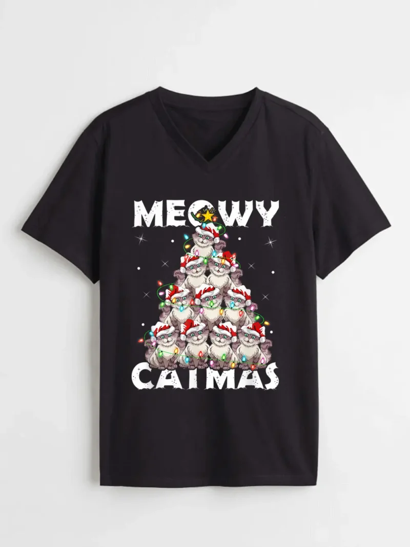 Cat Xmas Lights Santa Meowy Catmas T-Shirt - Image 2