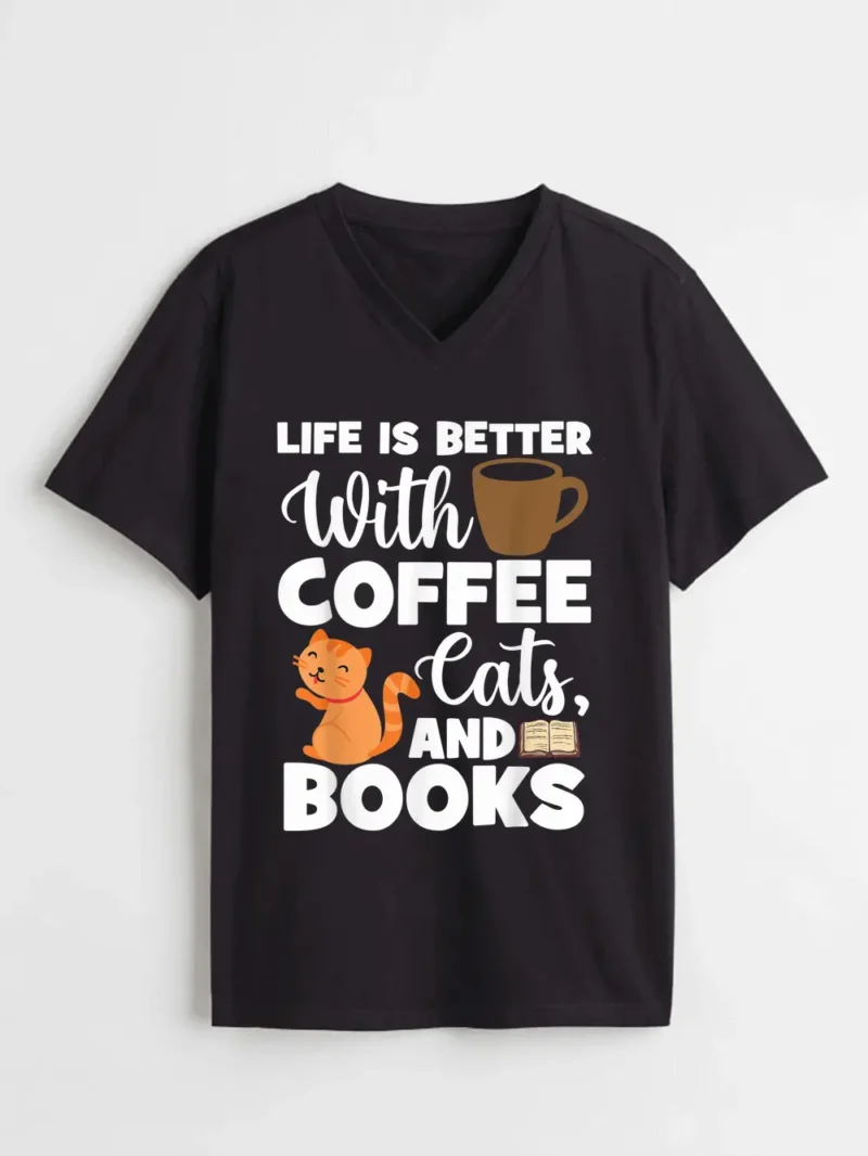 Cats And Books Coffee Cats T-Shirt - Image 2