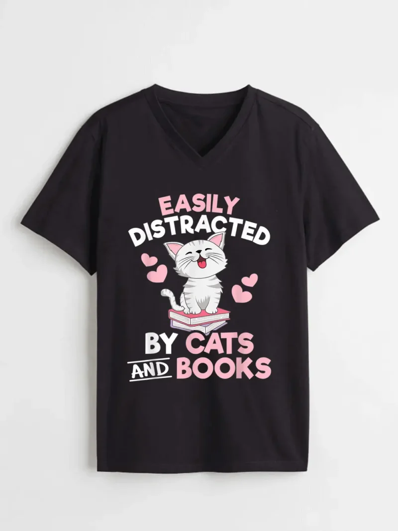 Easily Distracted By Cats And Books Cute T-Shirt - Image 2